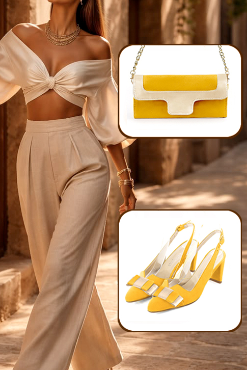 Women's yellow and gold elegant slingback heels, with a bow on the front. Tapered toe. Medium spool heels - Worn view